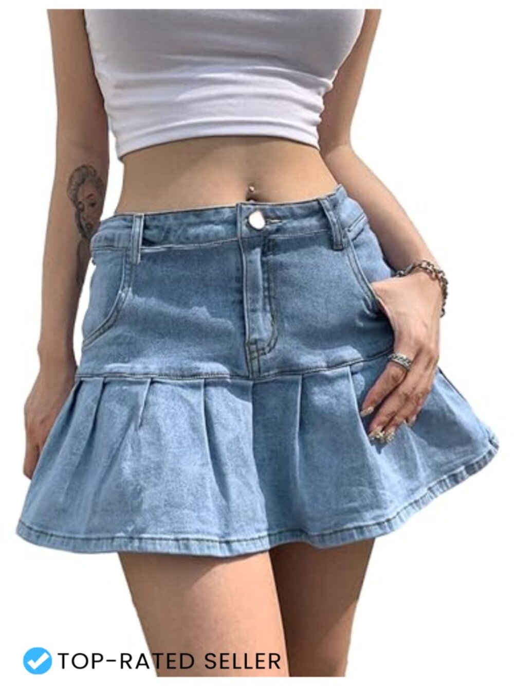 Denim Mini Skort High Waist A-Line Ruffle Pleated with Built-in Shorts